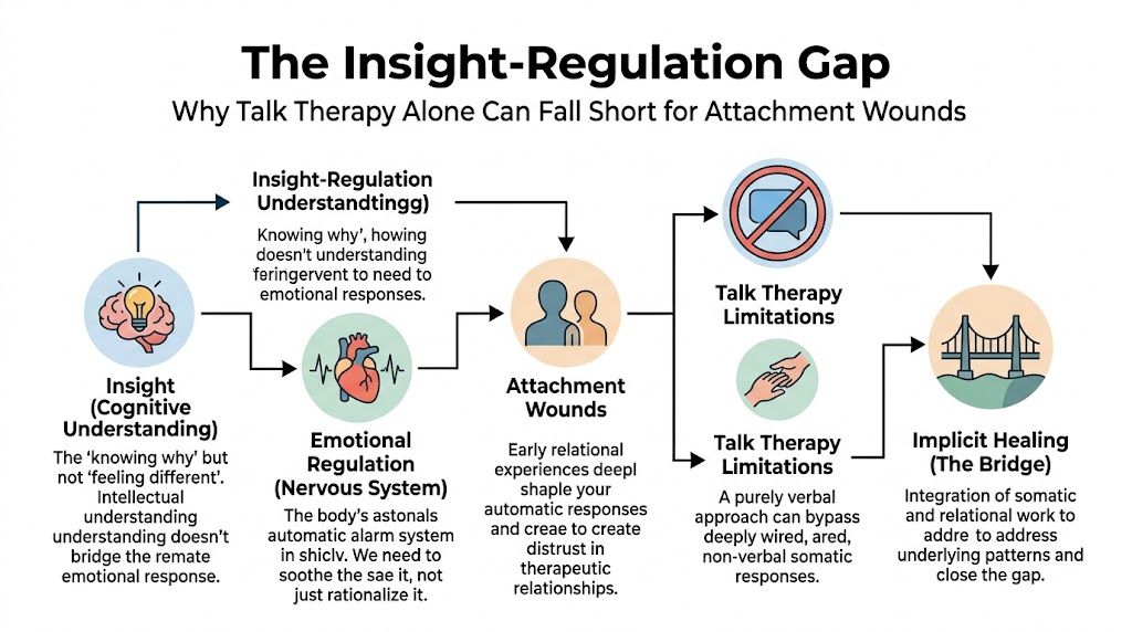 A diagram illustrating the gap between cognitive insight and emotional regulation in treating attachment wounds through therapy.