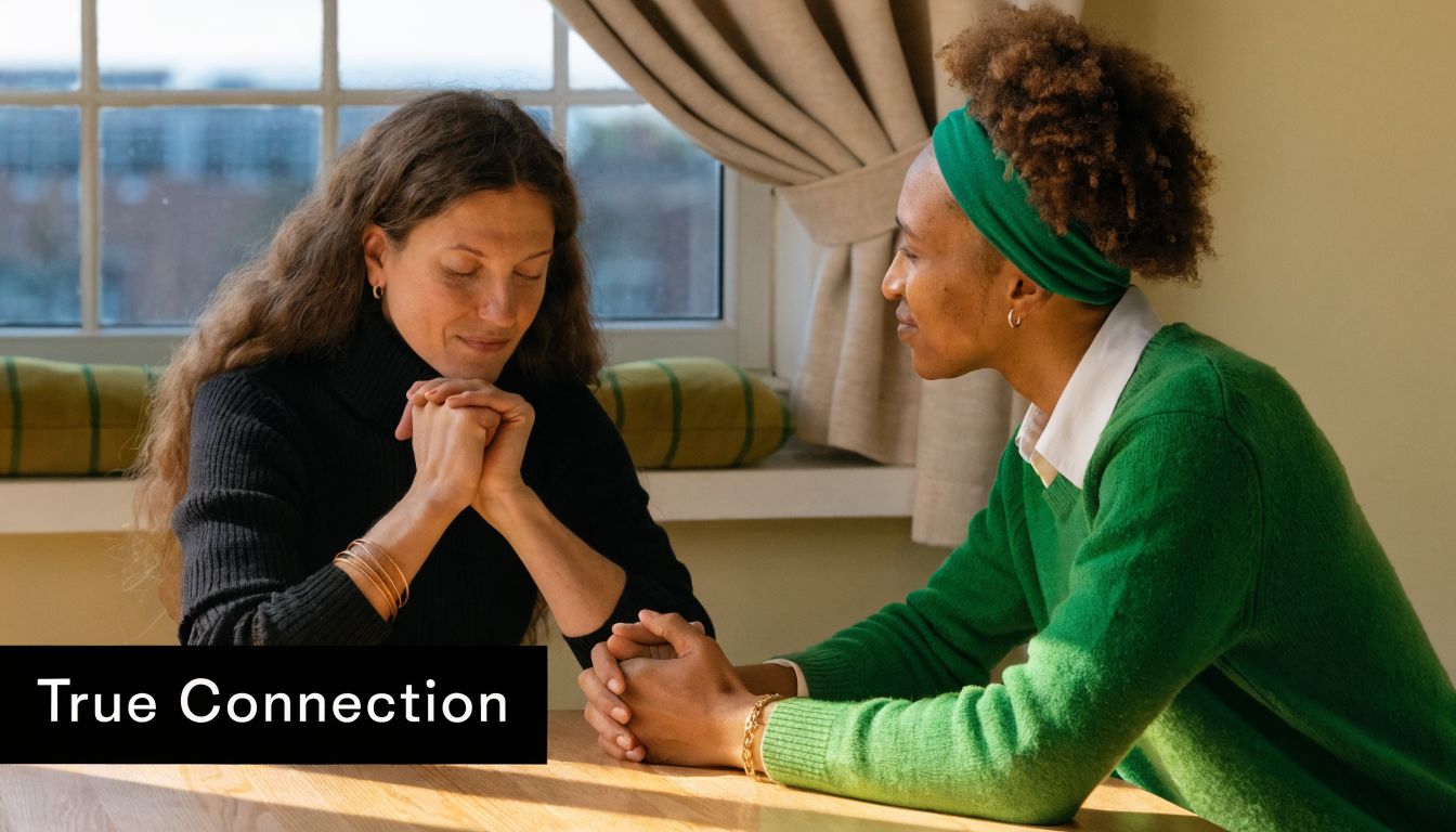 A Black woman in a green sweater talking with a supportive friend who is listening intently.
