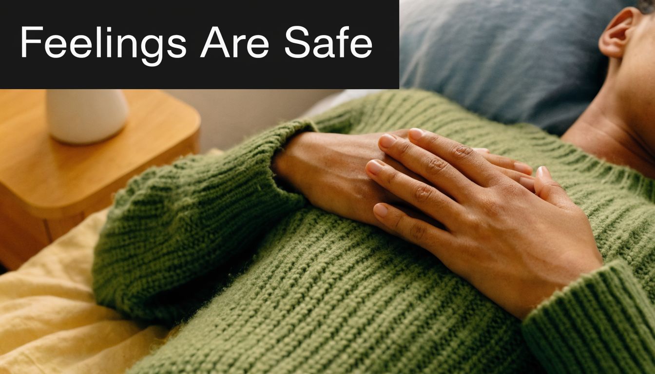 A person lying comfortably in bed with hands on their chest, evoking a sense of calm reassurance.