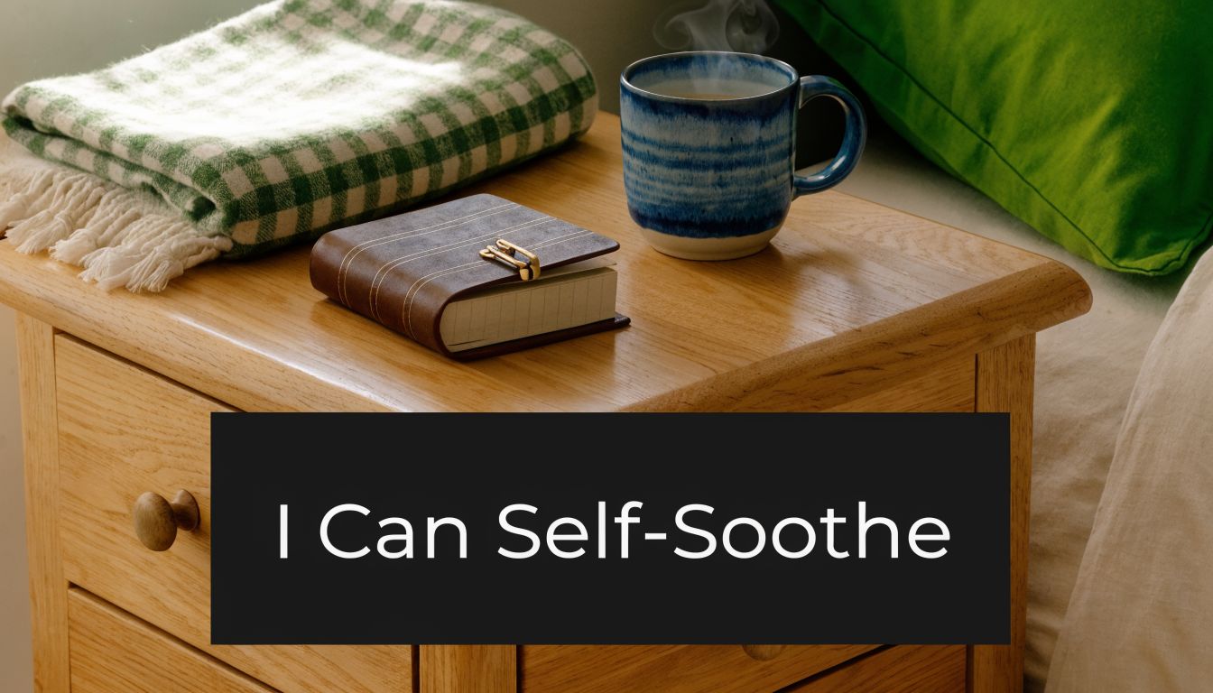 A cozy bedside table with a steaming mug, a notebook, and a soft blanket, representing self-soothing practices.