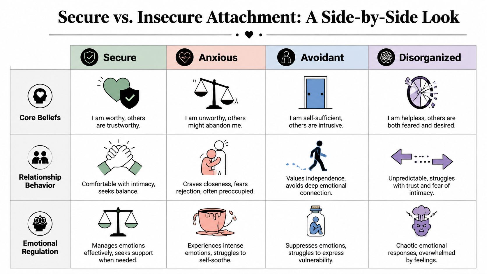 A chart comparing secure, anxious, avoidant, and disorganized attachment styles through core beliefs, behaviors, and emotional regulation.