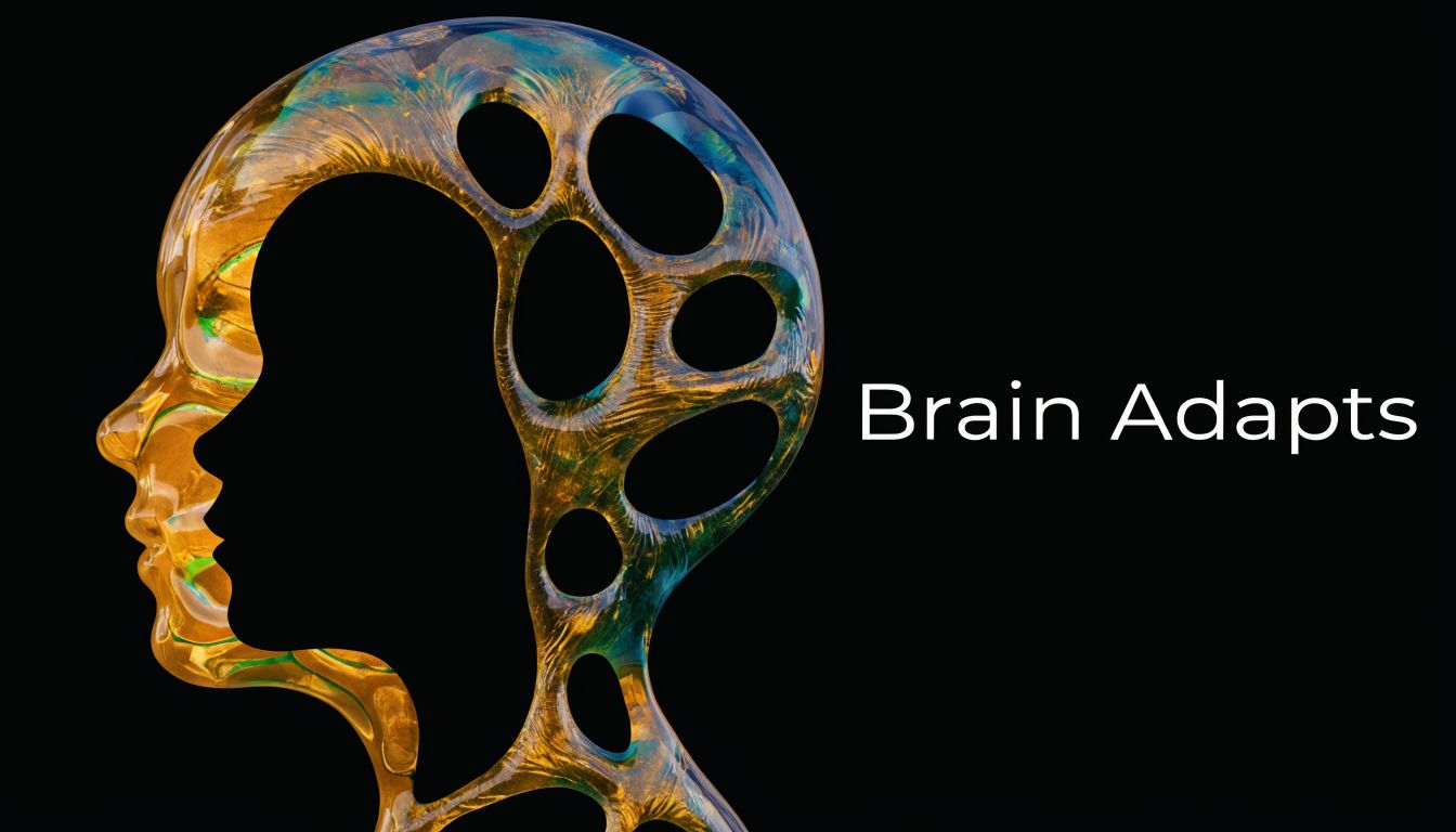 A stylized silhouette of a human head with a vibrant, porous, and golden glowing brain structure.