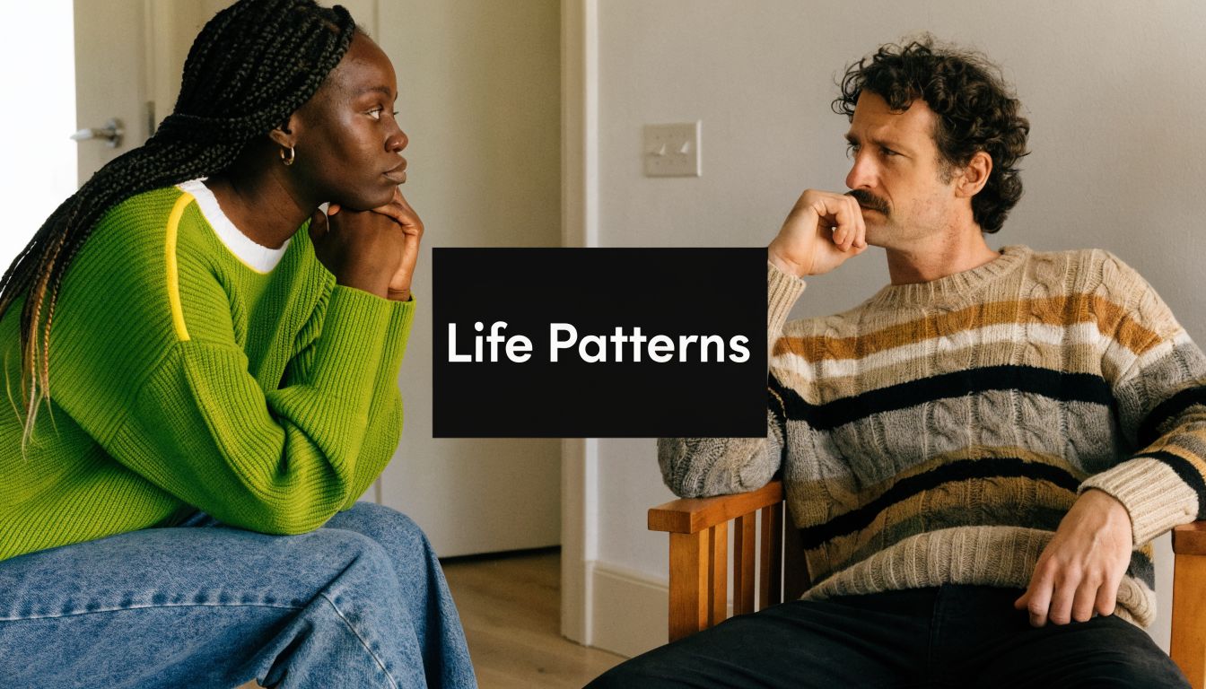 A diverse couple sitting across from each other in a room, engaged in a thoughtful, serious conversation.