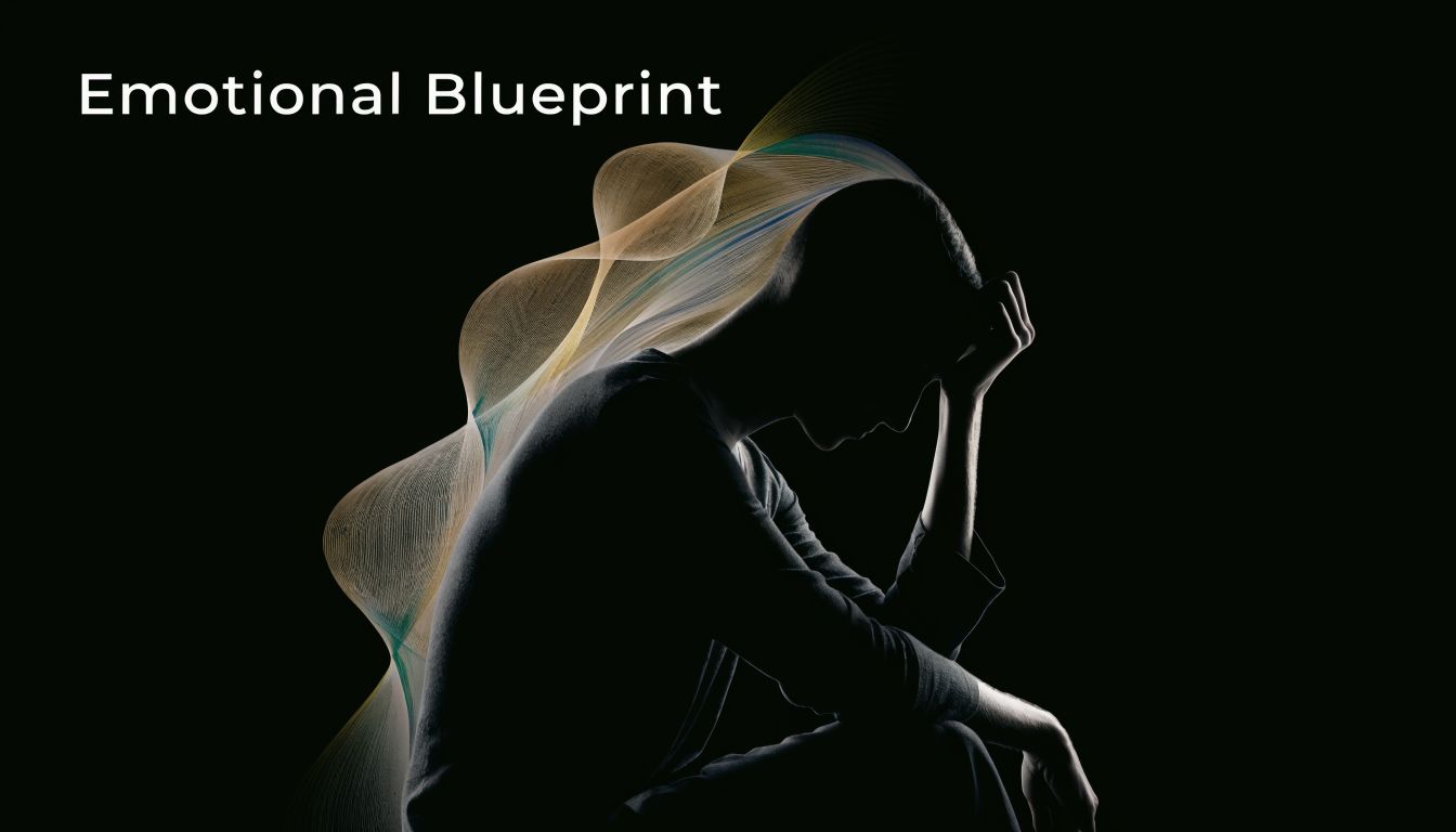 A silhouette of a person sitting in distress with glowing abstract energy waves rising from their head.