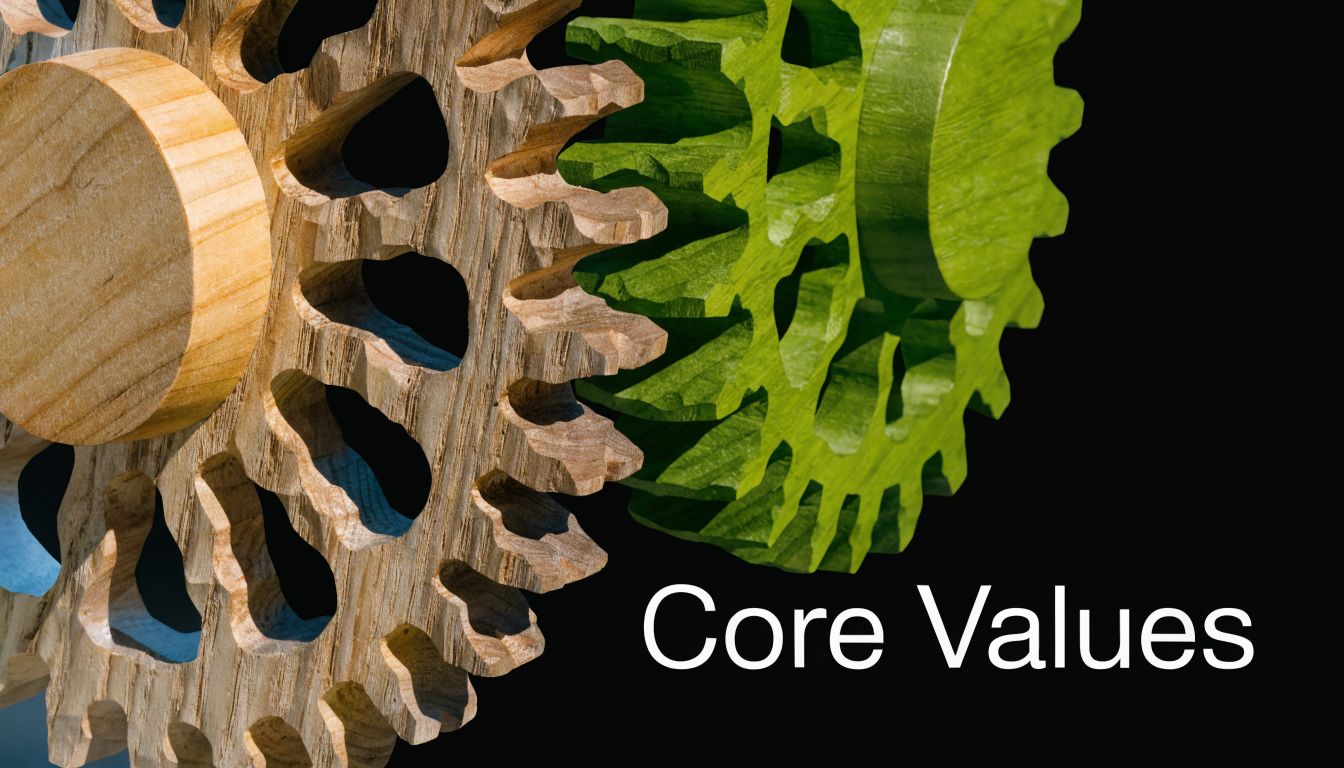 A conceptual image featuring two wooden gears interlocking next to the text Core Values in white.