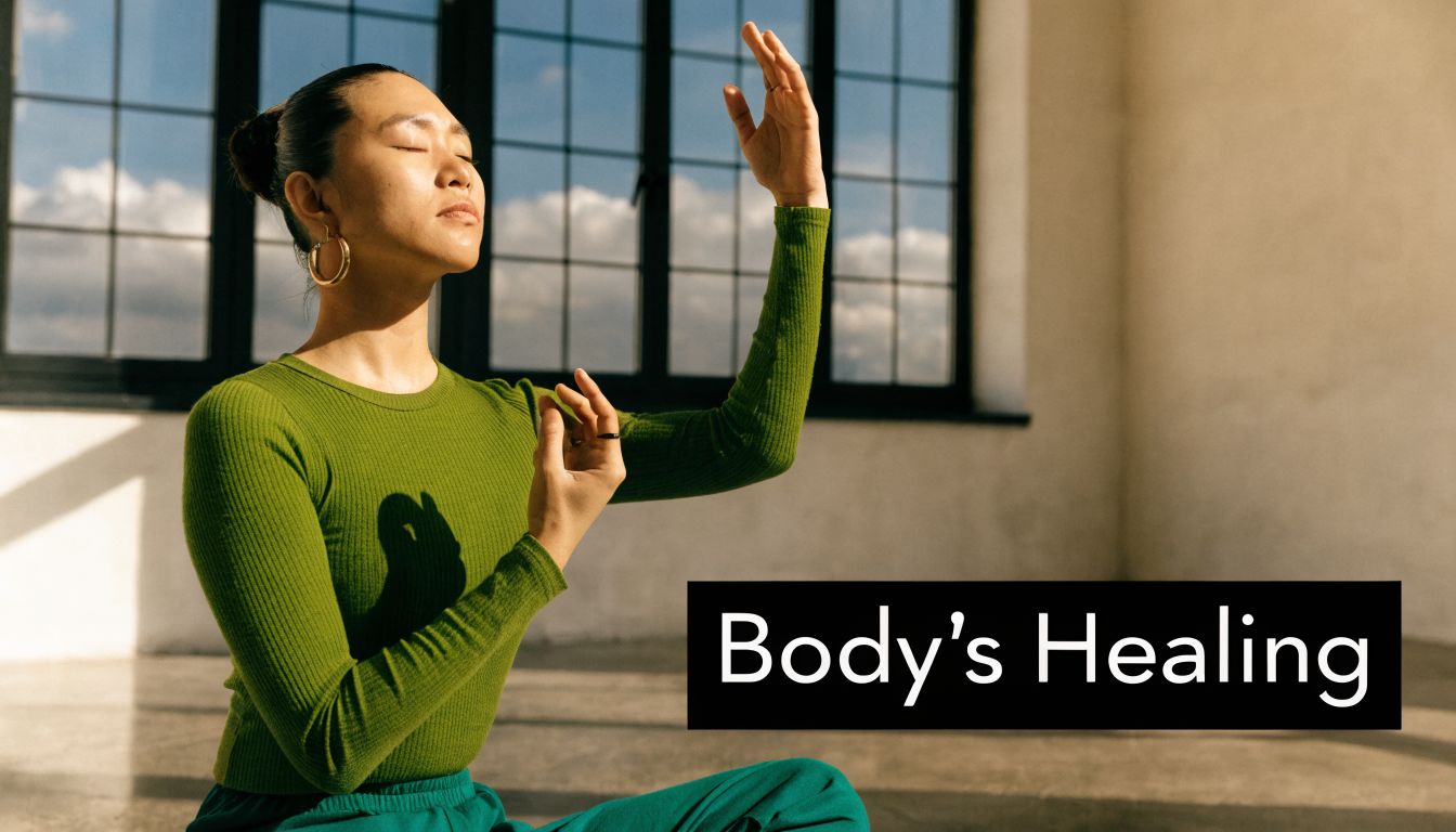 A person practicing somatic therapy techniques while sitting in a bright room with eyes closed.